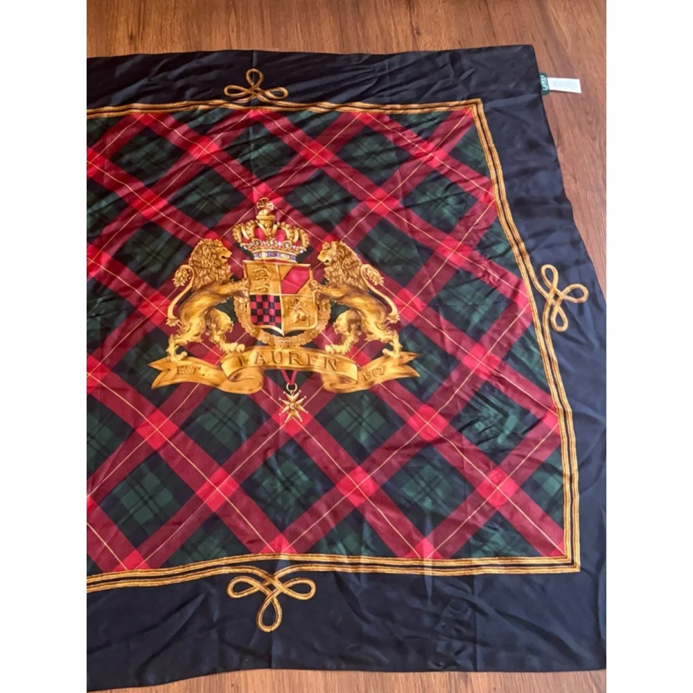 Ralph Lauren vintage silk tartan pattern and a crest emblem scarf 40X40